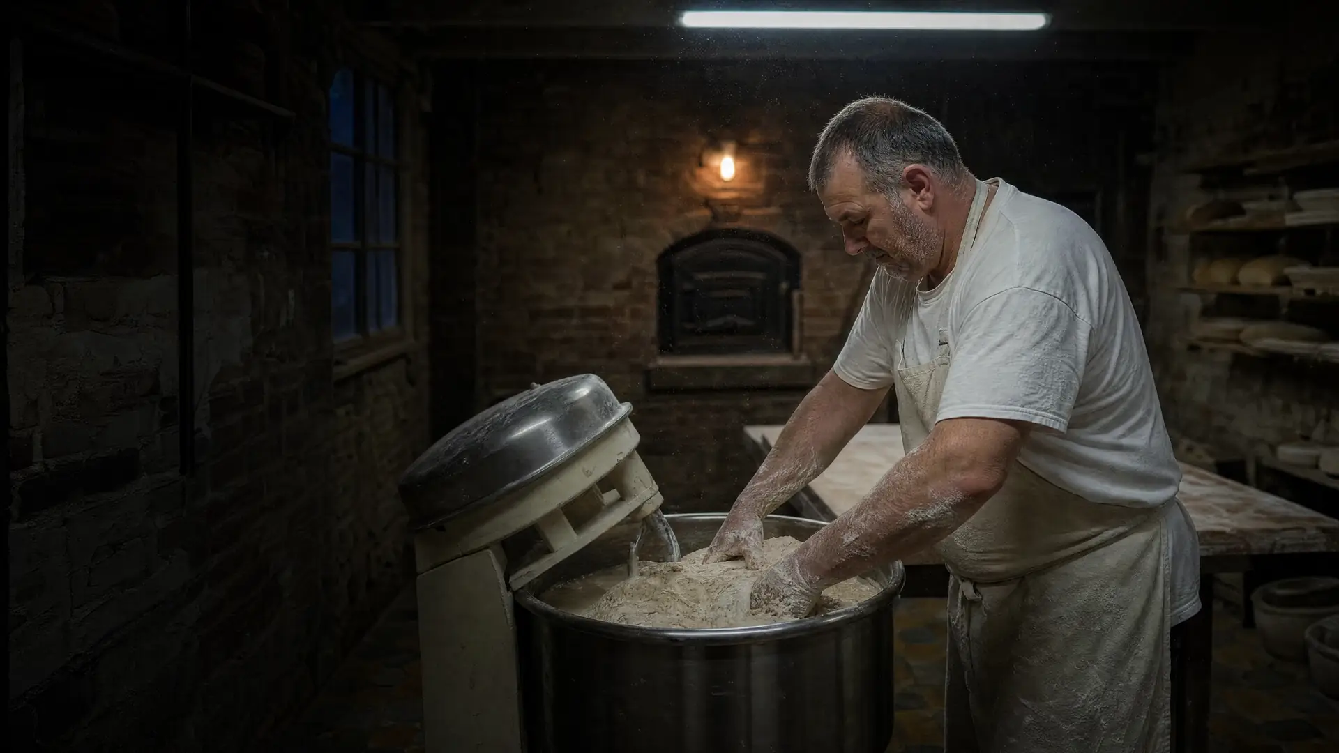 Hands in the dough, blue night light, a warm lamp at the back of the bakehouse.