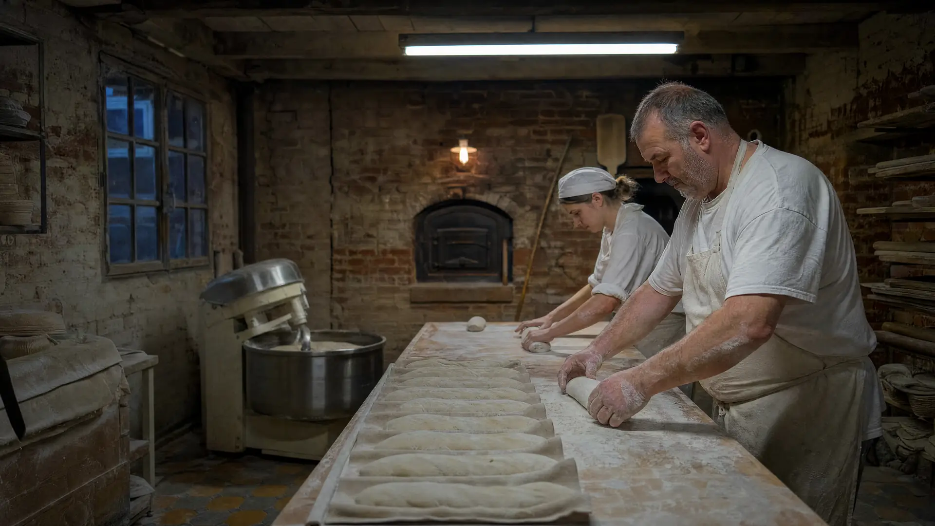 Shaping: baguettes lined up on linen before daybreak.