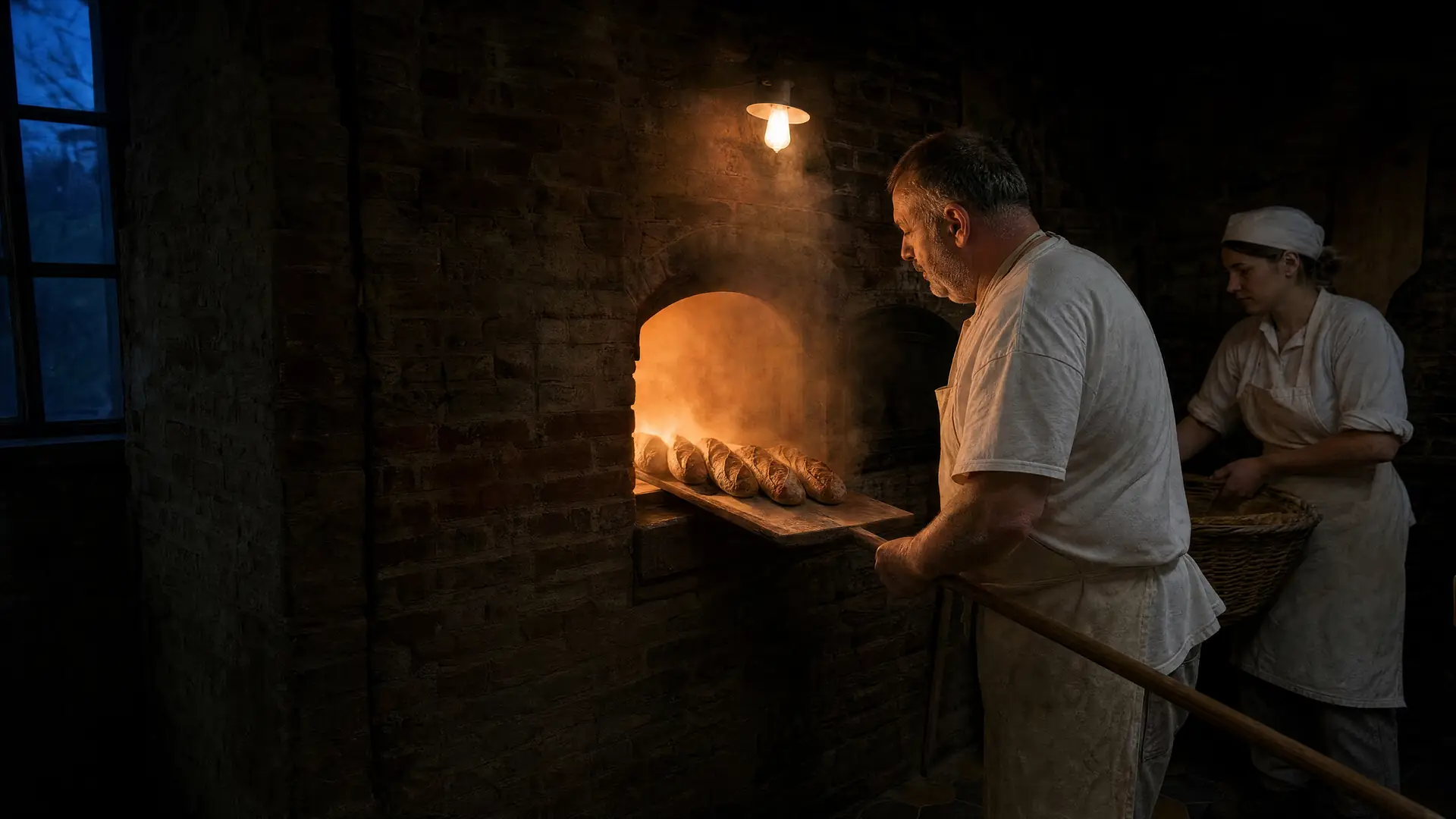 The oven door open, steam and warm orange light.