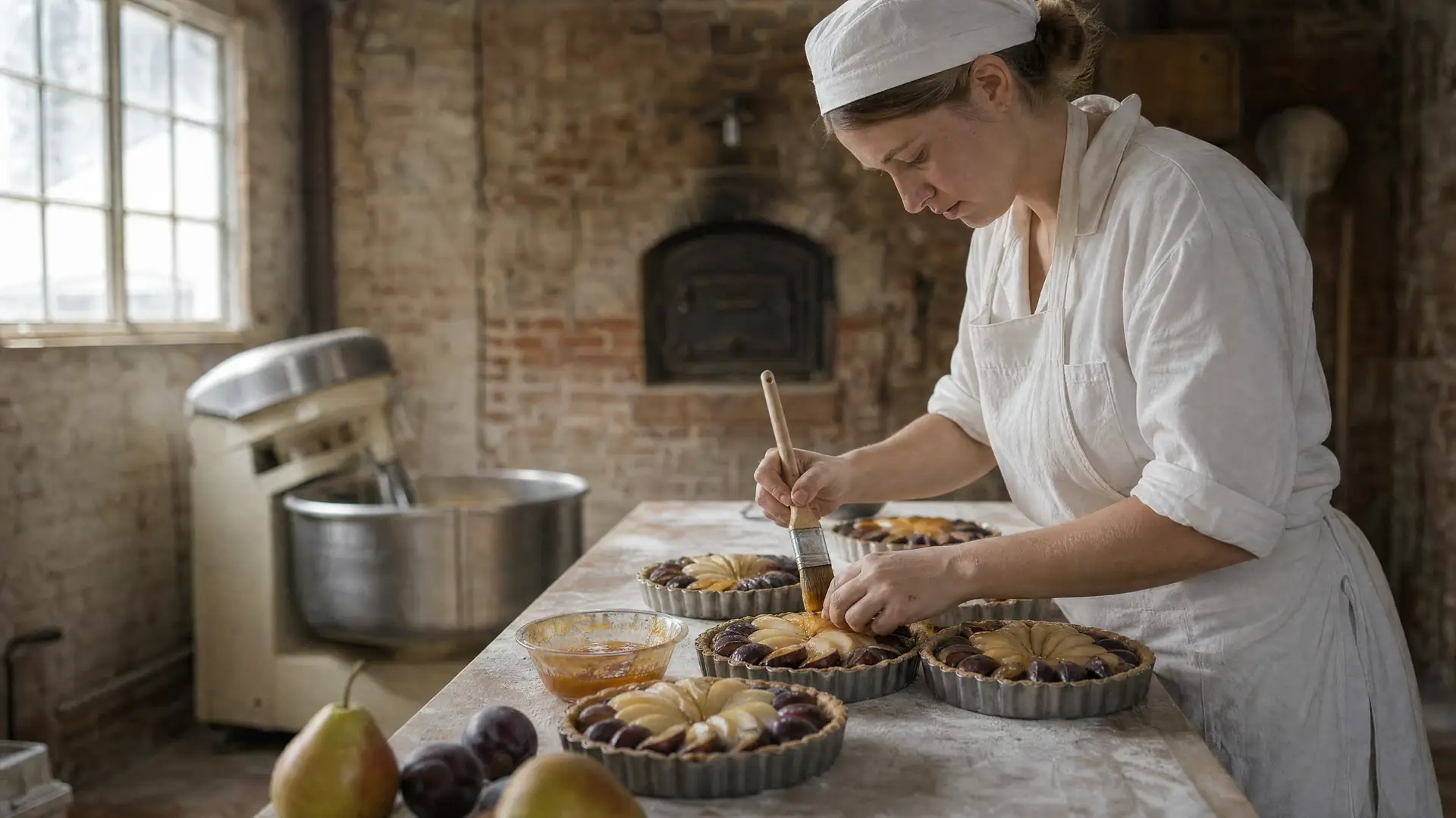 Tarts being finished on the workbench in full daylight.