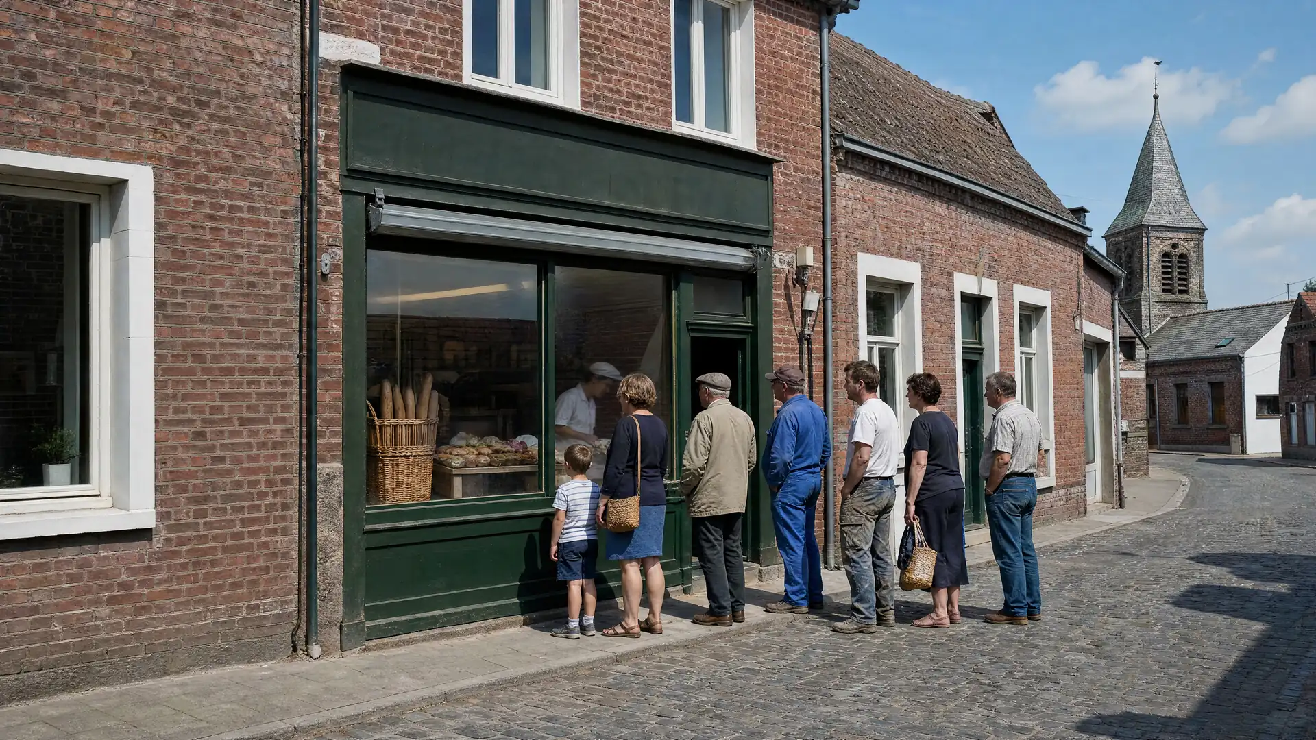A line outside the shop, the storefront in the noon sun.