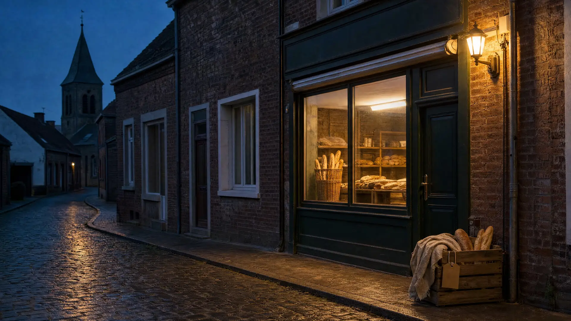 The shop closed, its window still lit, a blue evening street, a crate set aside for the food bank.