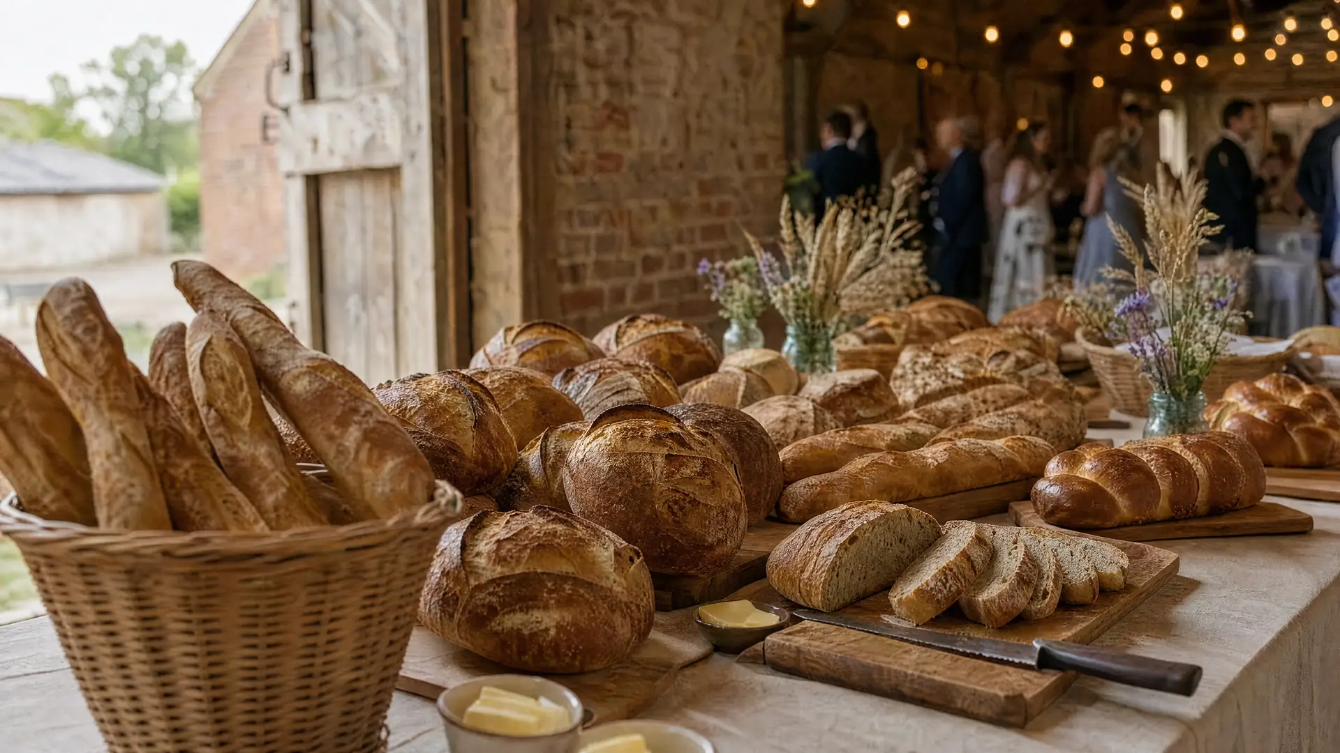 A sourdough bread buffet set up for a wedding.