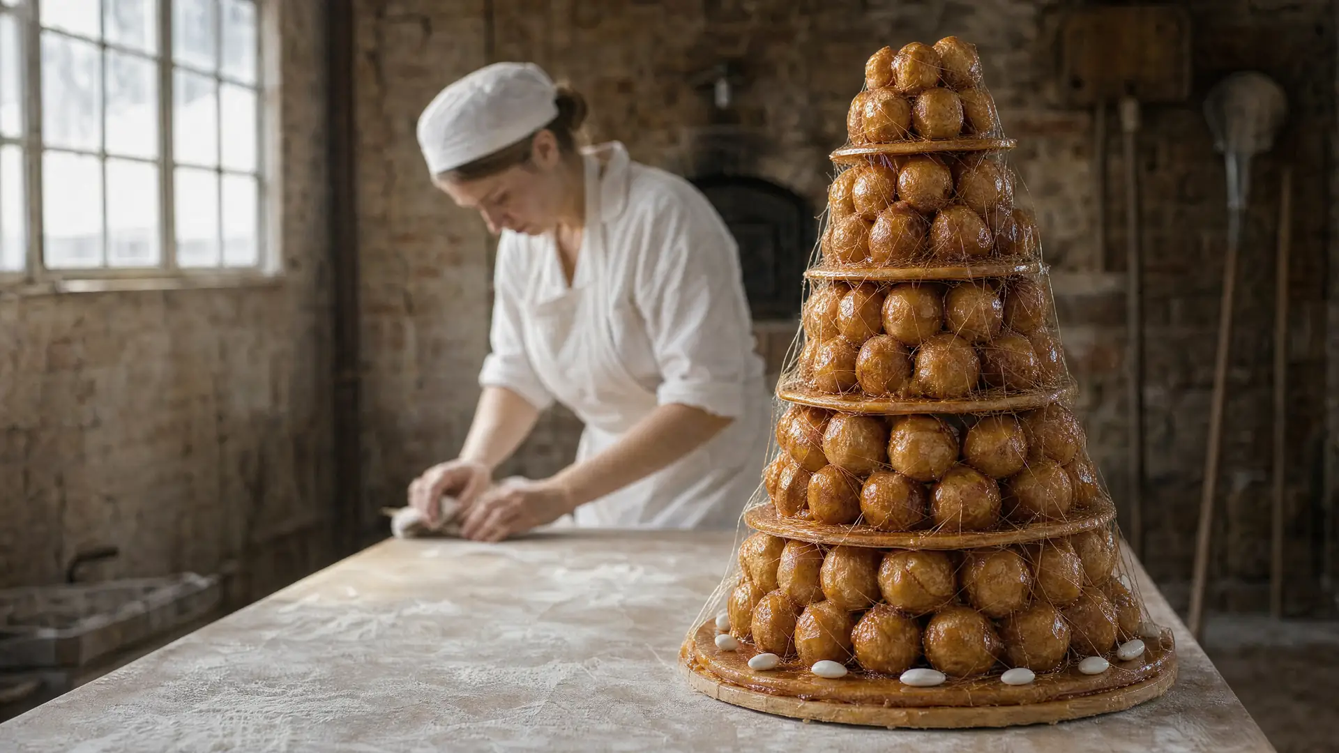 A four-tier croquembouche in soft light.